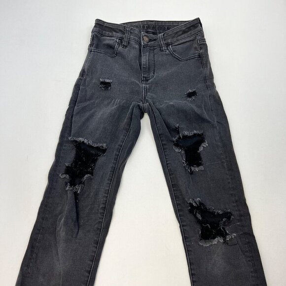 American Eagle Distress Skinny Jeans Charcoal Womens Size 0R Stretch - Picture 2 of 9
